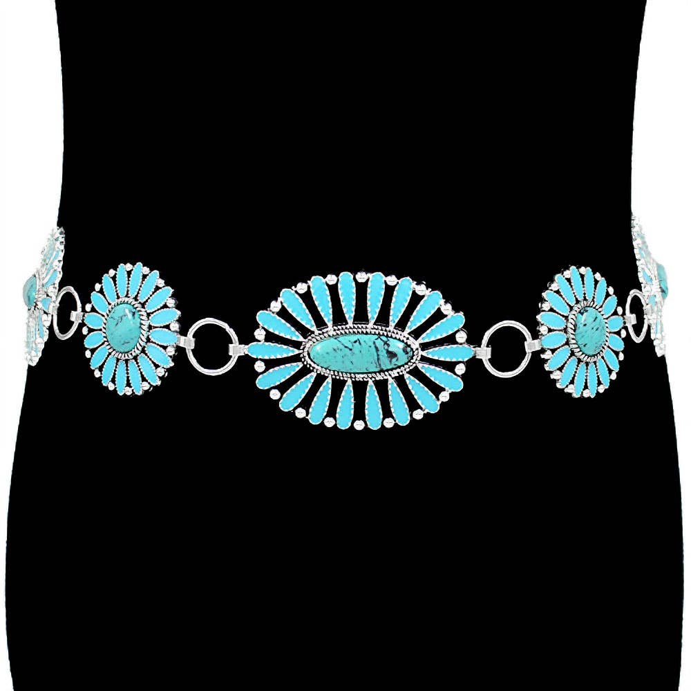 Boho Vintage Western Oval Round Stone Concho Chain Belt: Turquoise