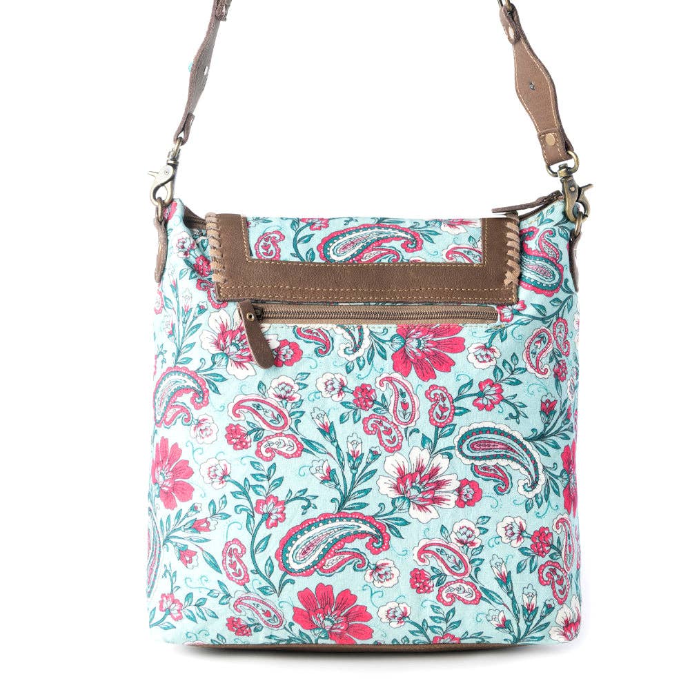 Myra Bag Lagoon Lily upcycled canvas Bag for Women in blue with leather and weaved flap