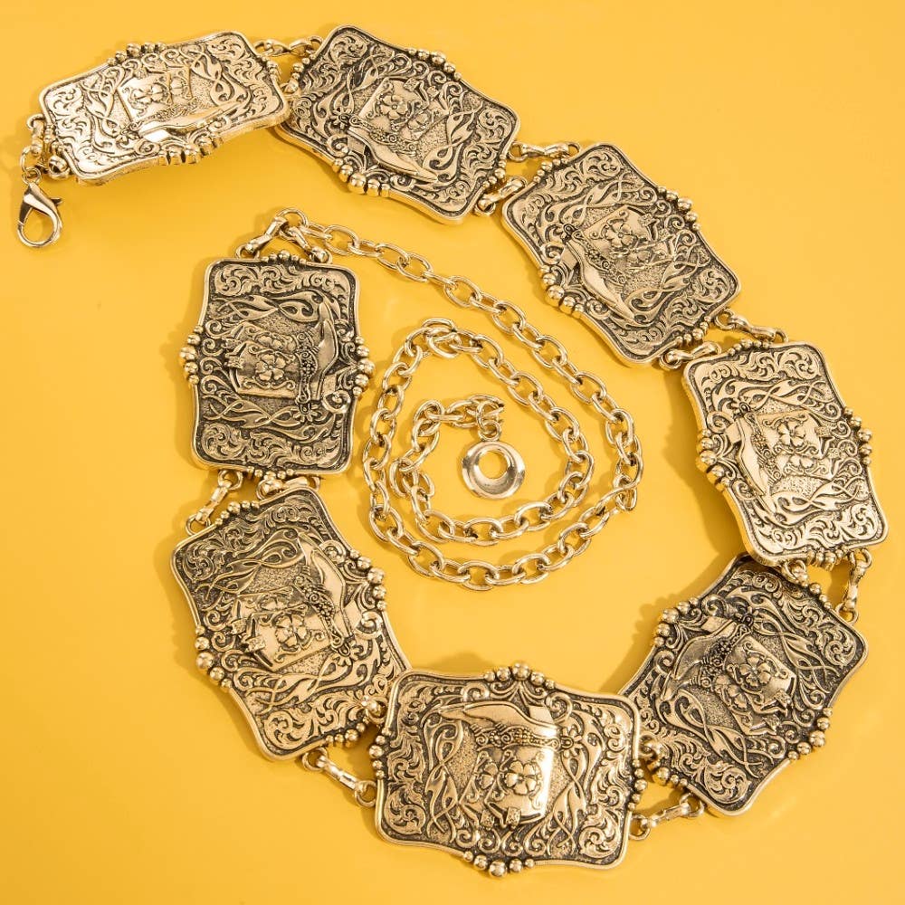 Gold Western Engraved Cowboy Boot Chain Belt
