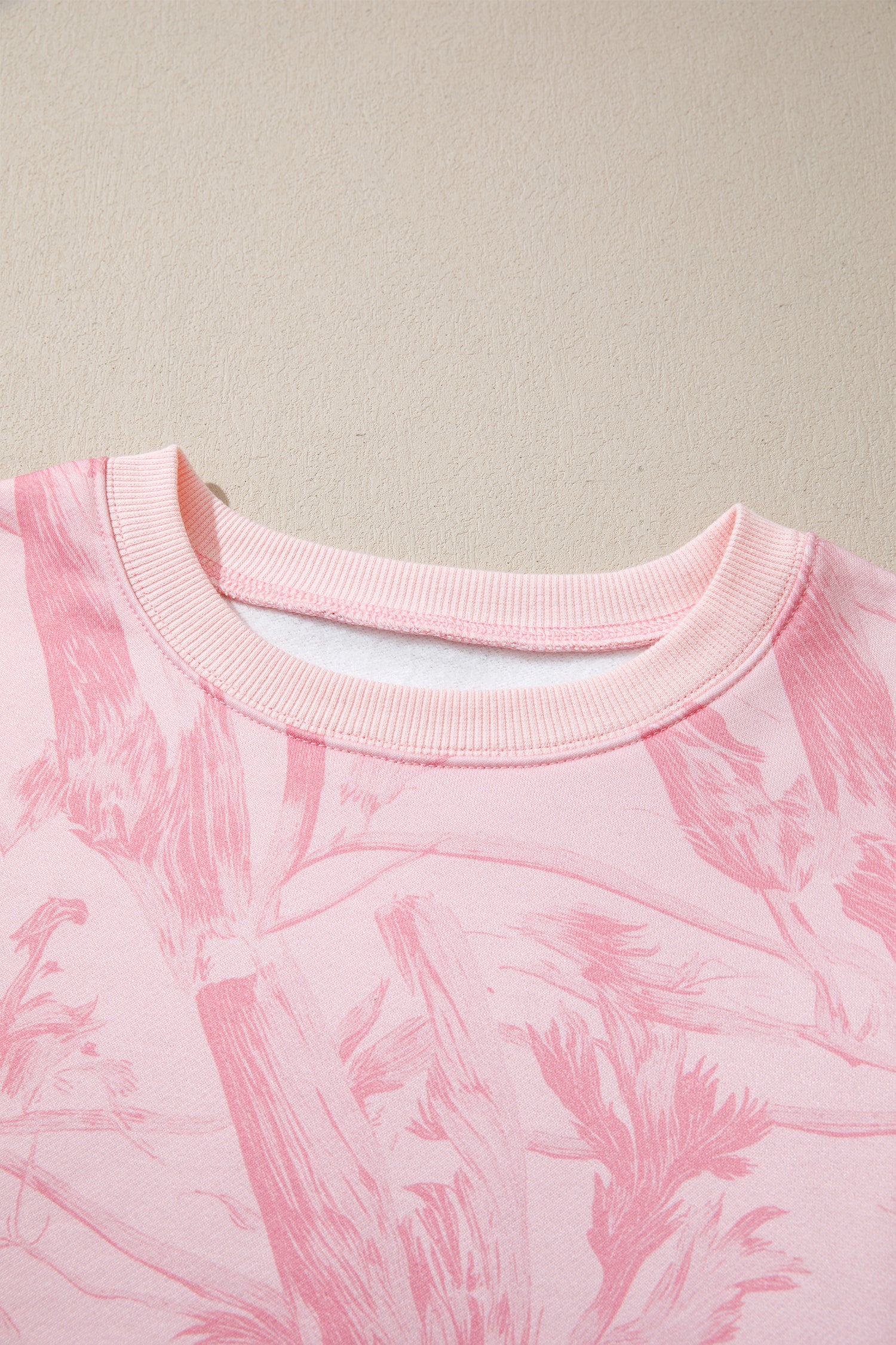 Pink Abstract Print Ribbed Crewneck Long Sleeve Top Elastic Waist Short Set