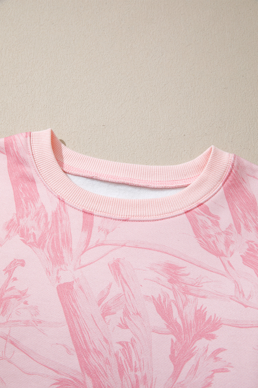 Pink Abstract Print Ribbed Crewneck Long Sleeve Top Elastic Waist Short Set