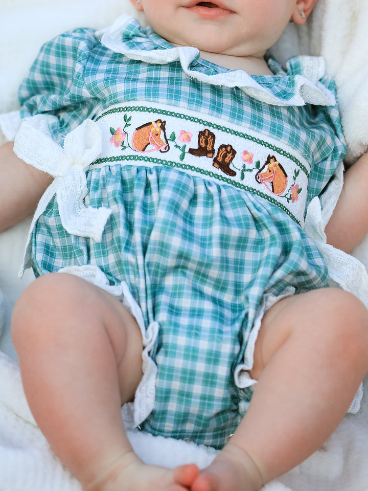 Western Plaid Horse Embroidered Girl Bubble Romper