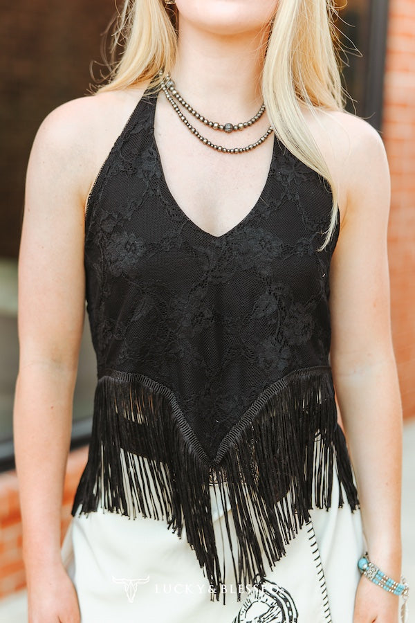 Black Lace Fringe Halter Top