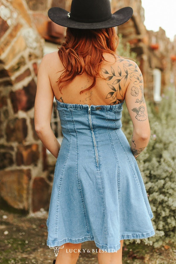 MID WASH STRETCH DENIM CORSET STRAPLESS FLUTTER DRESS