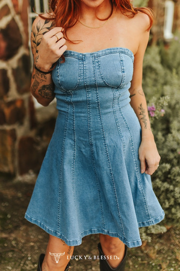 MID WASH STRETCH DENIM CORSET STRAPLESS FLUTTER DRESS