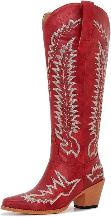 Wide Calf Knee High Cowgirl Boots Pointed Toe and Block Heel