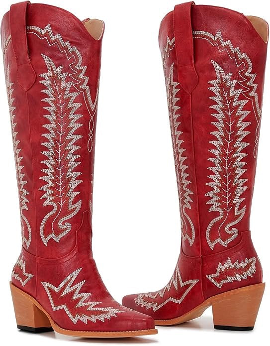 Wide Calf Knee High Cowgirl Boots Pointed Toe and Block Heel