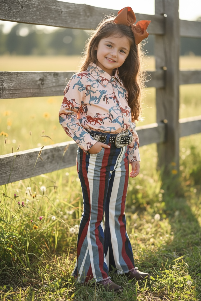 Multi-color stripe printed bootcut denim pants