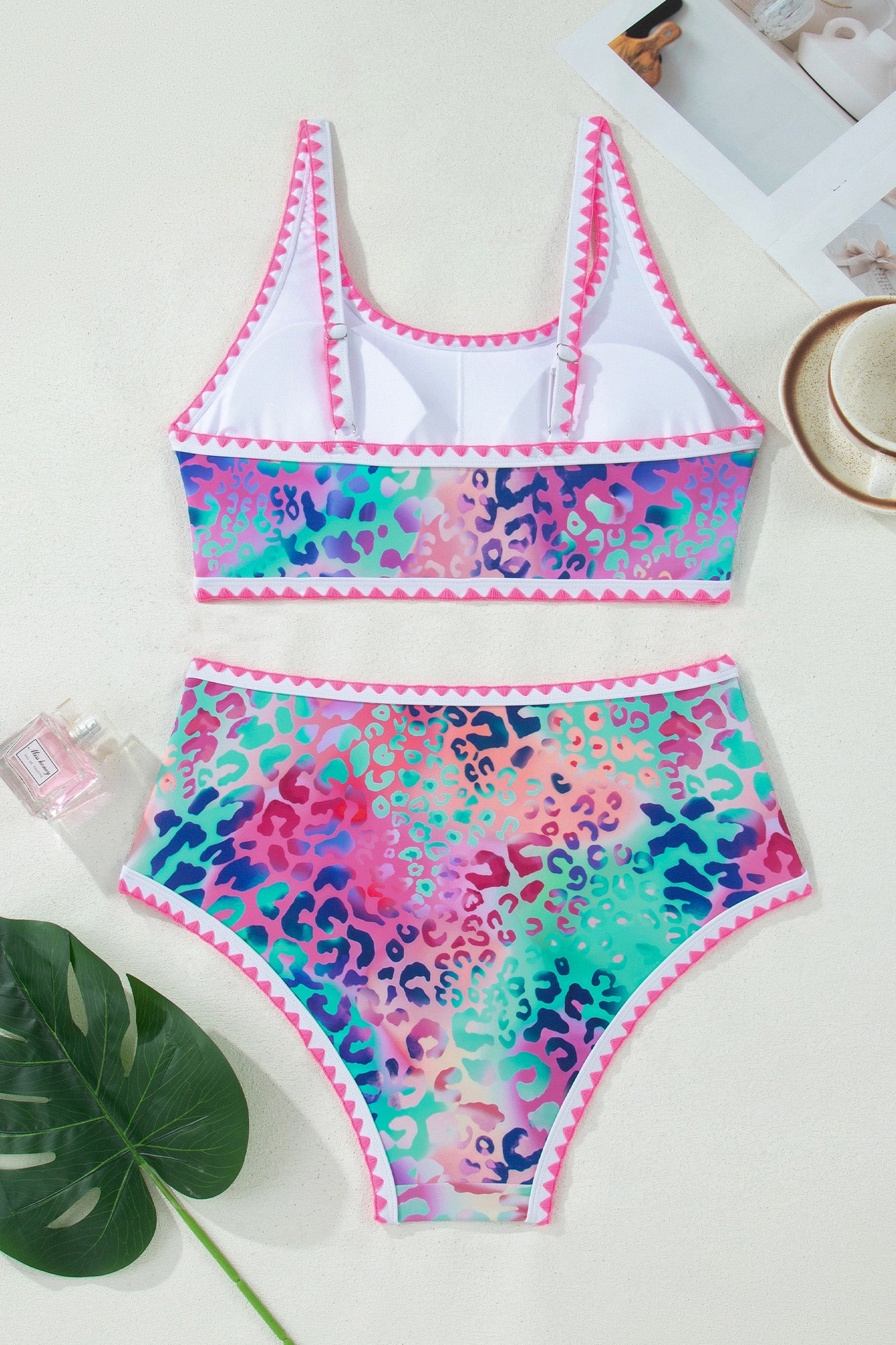 Pink Leopard Ricrac Trim Square Neck High Waist Bikini