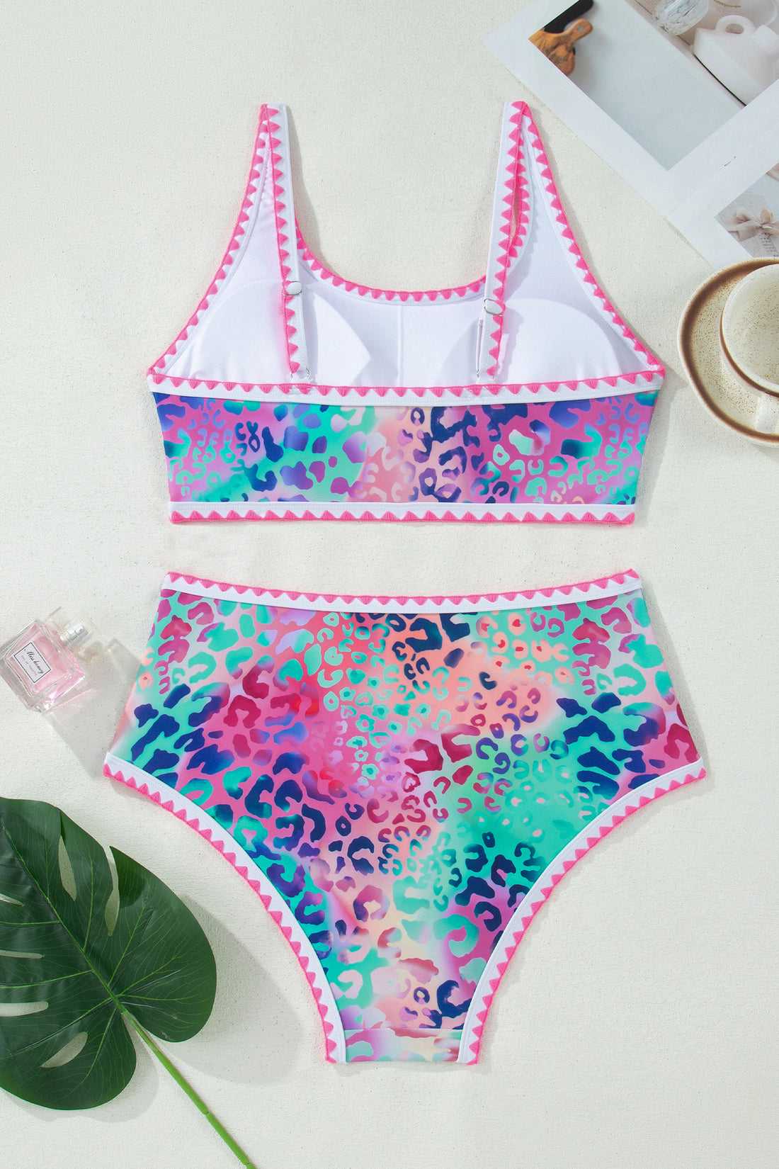 Pink Leopard Ricrac Trim Square Neck High Waist Bikini