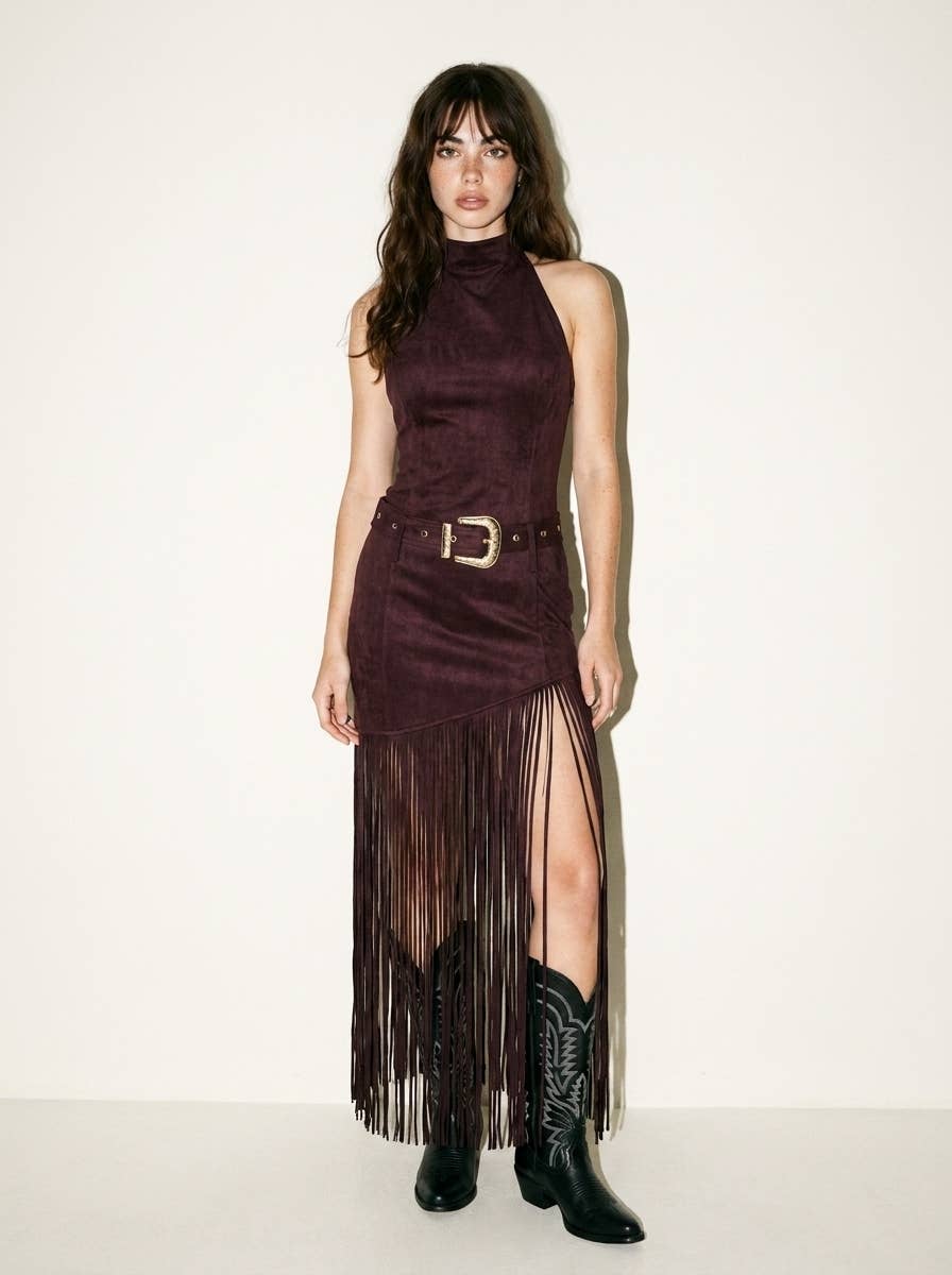 High Neck Halter Fringe Dress With Western Buckle Belt Brown