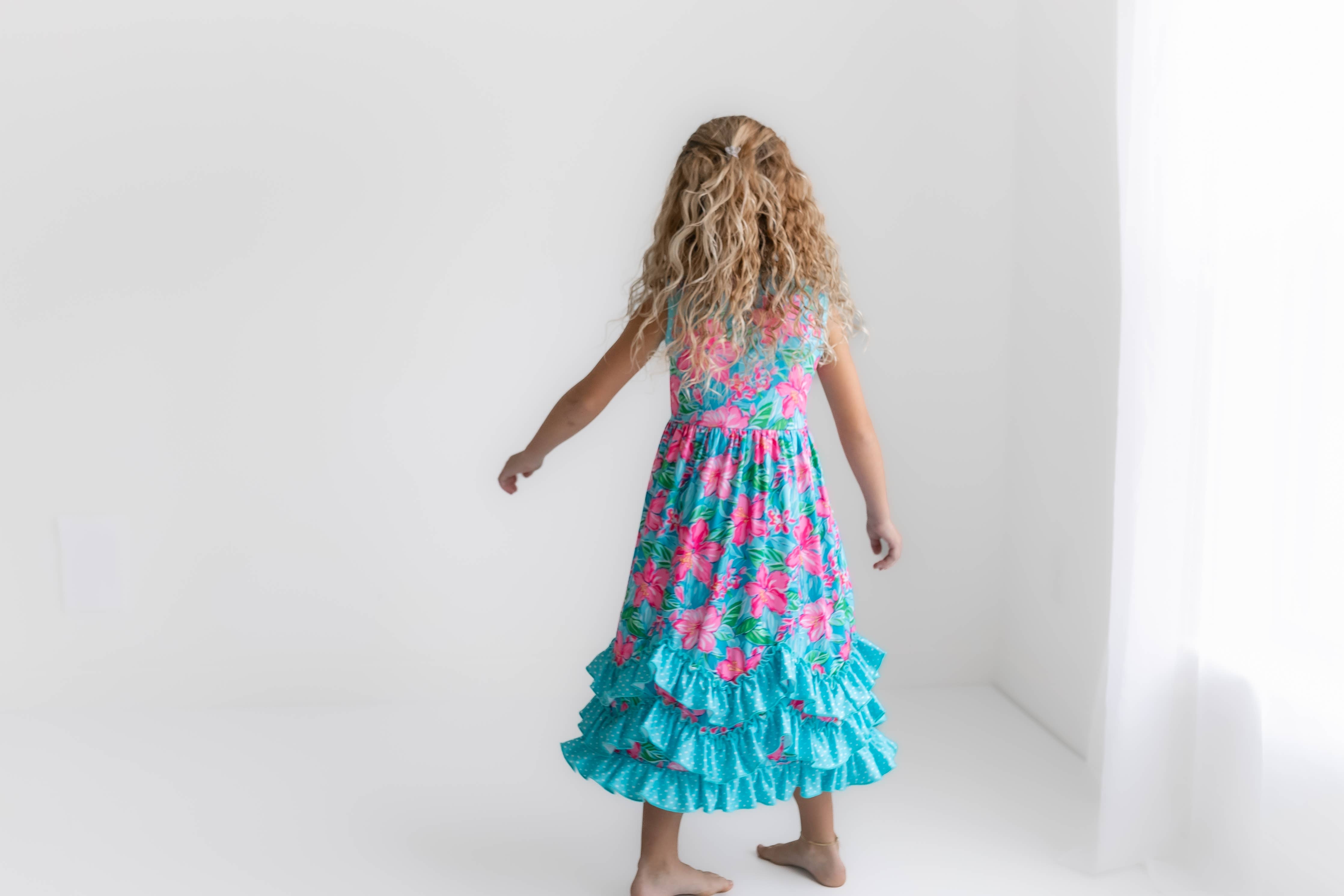 Kids Pink Blue Tropical Ruffle Dress