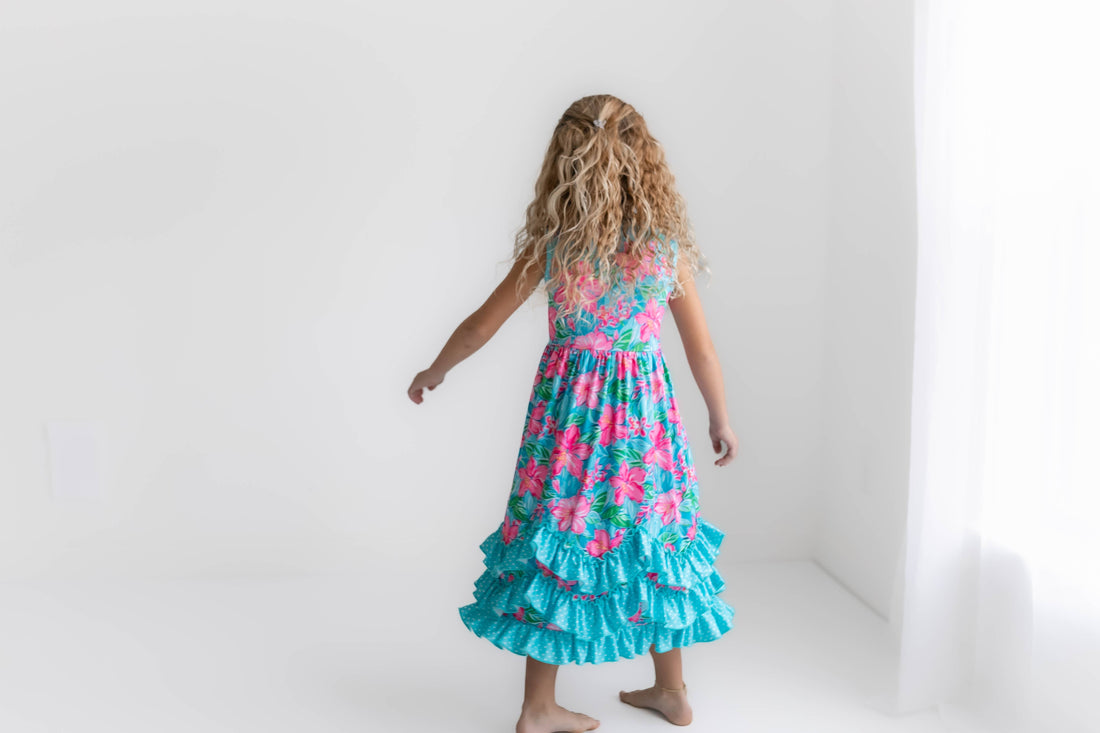 Kids Pink Blue Tropical Ruffle Dress