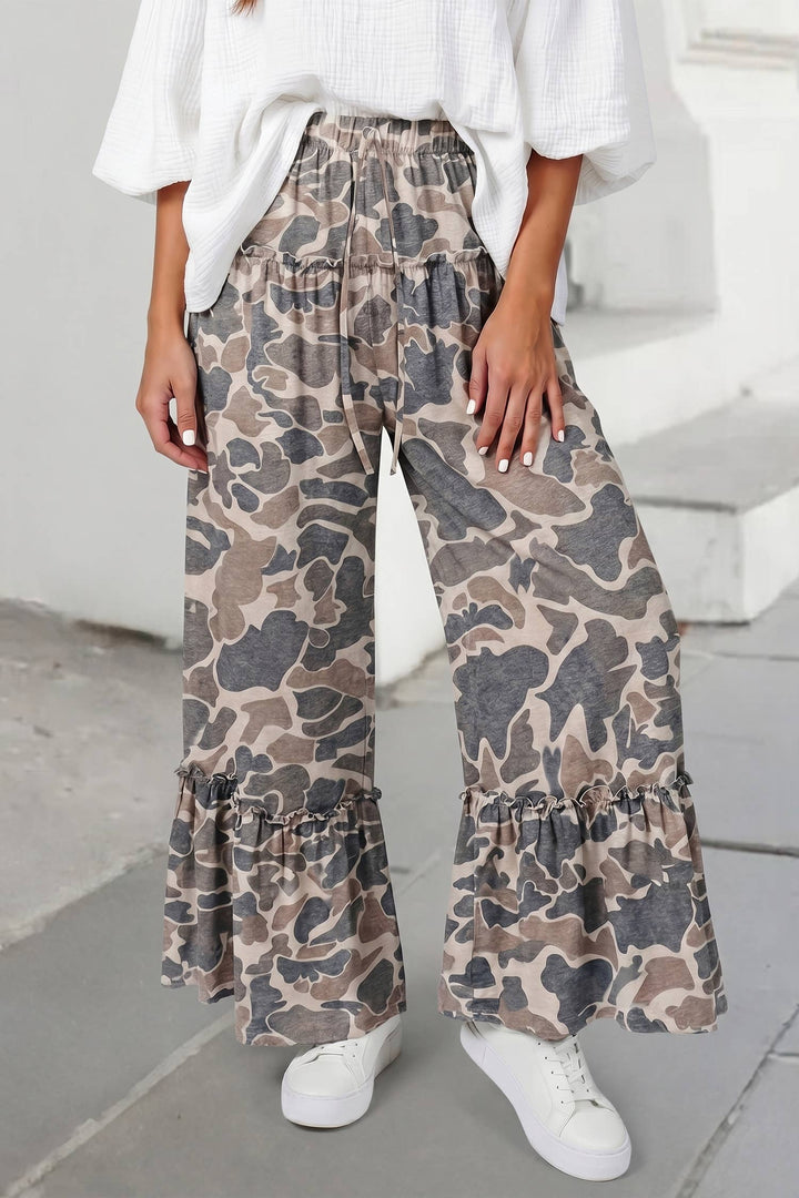 Camo Print Wide Leg Casual Pants