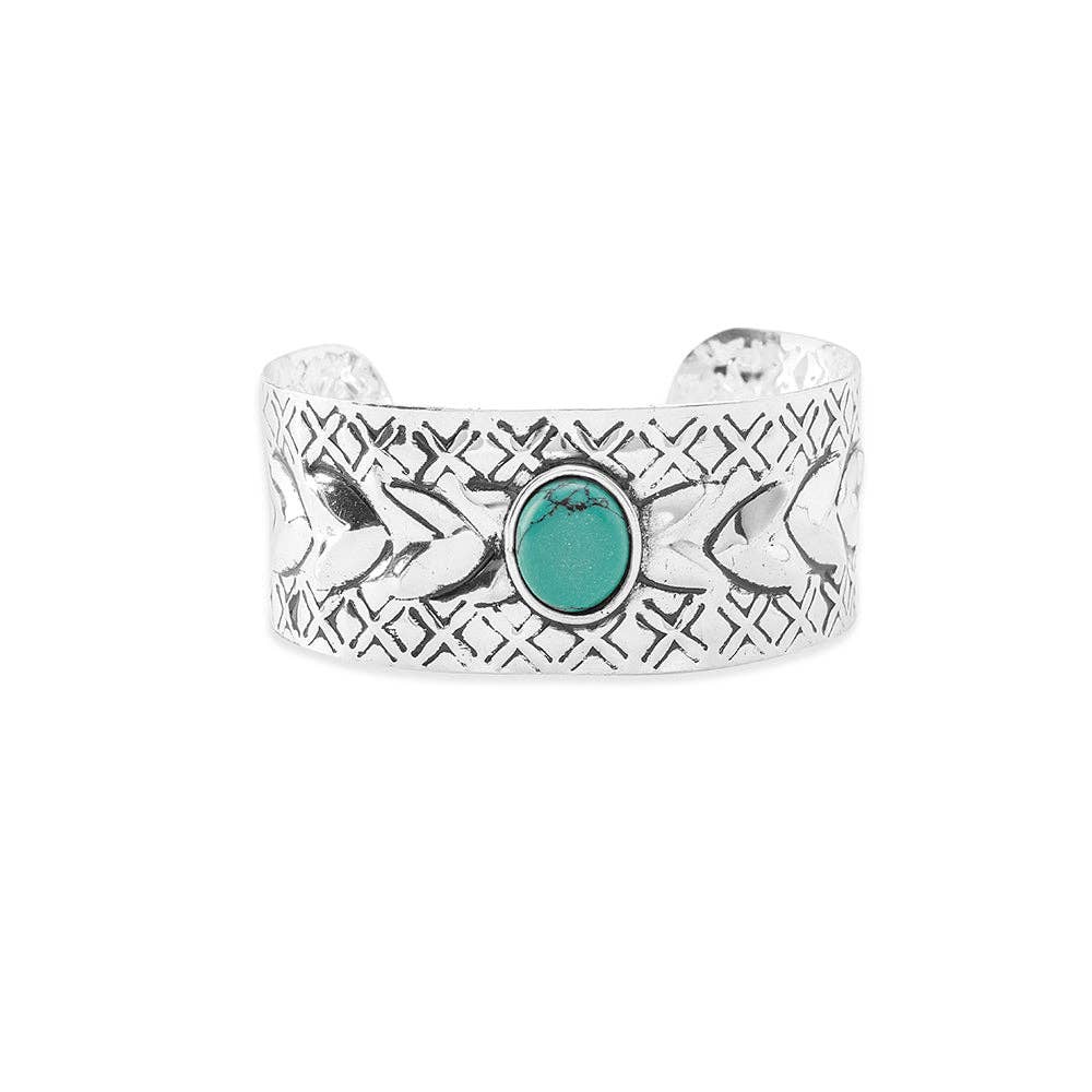 Prairie Winds Silver Turquoise Cuff Bracelet With Hand Stamped Tribal Design