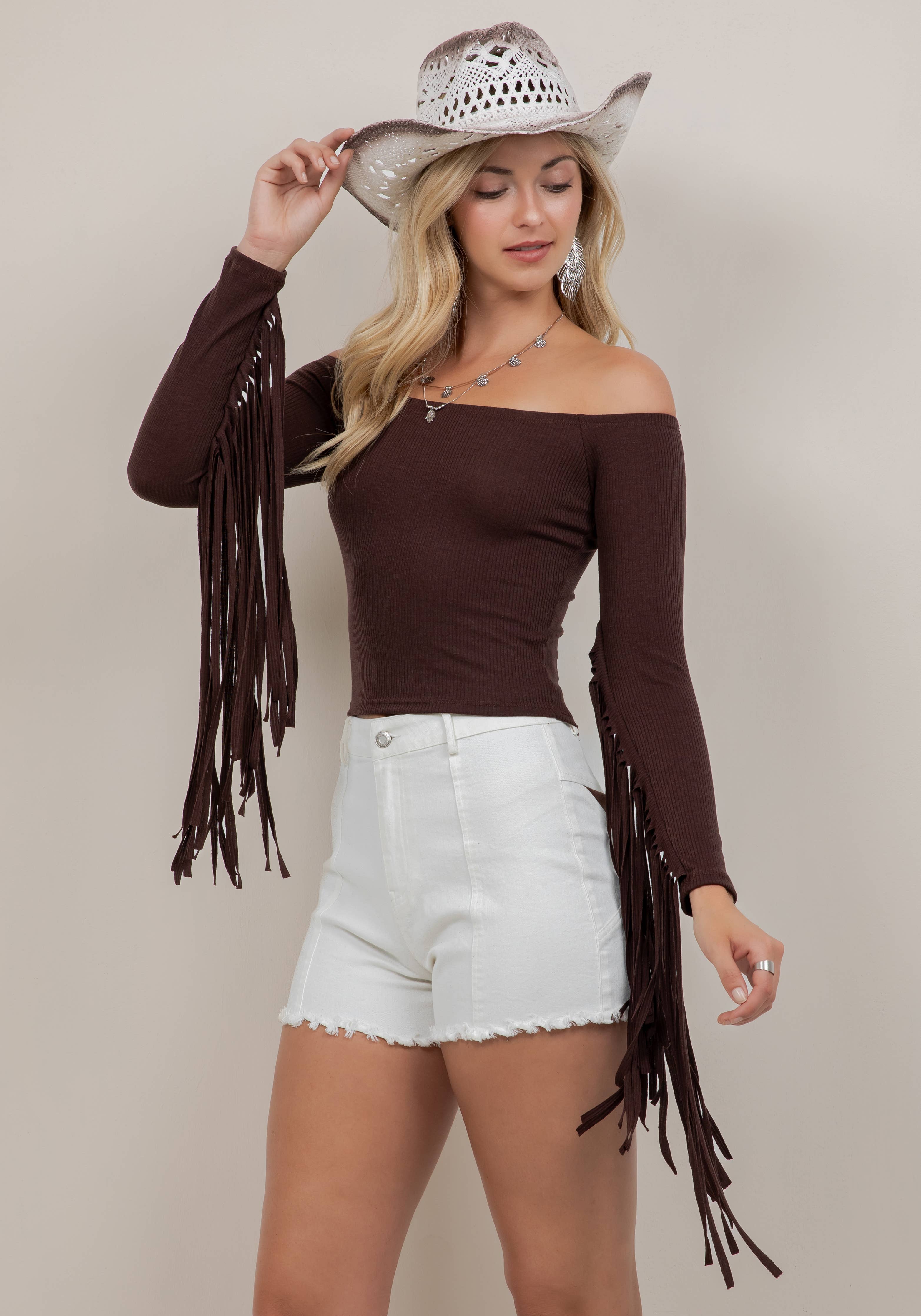 BROWN FRINGE SLEEVE OFF THE SHOULDER TOP