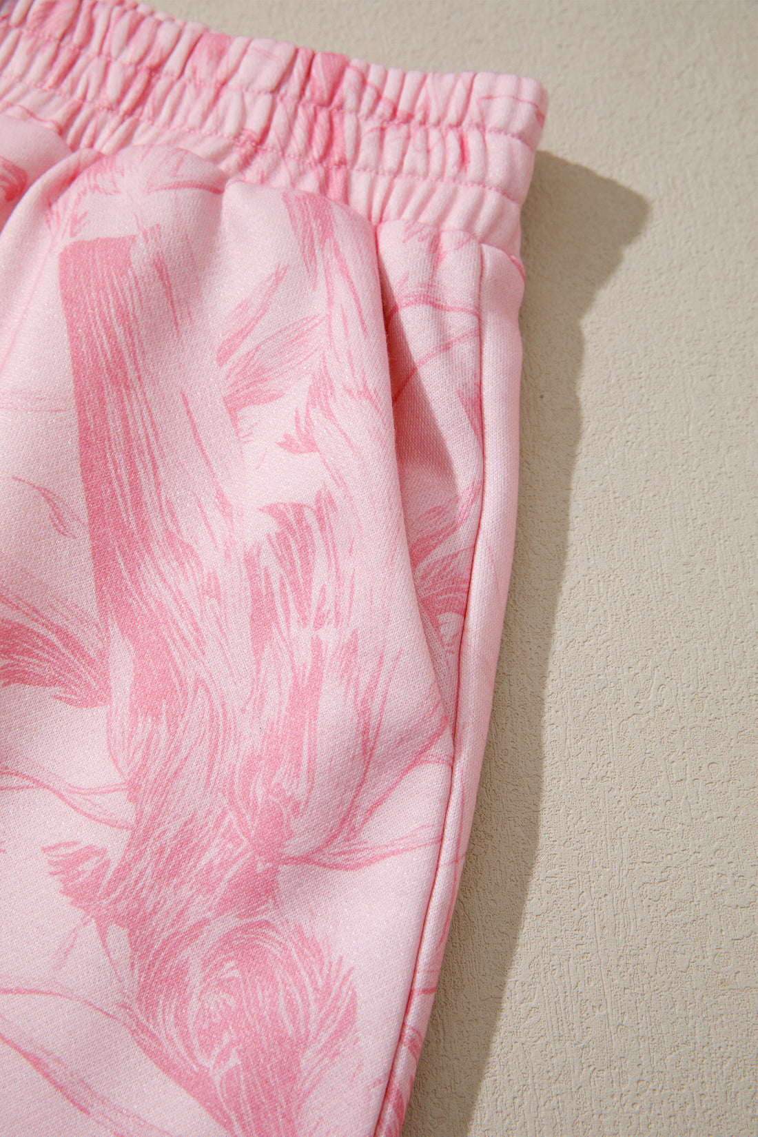 Pink Abstract Print Ribbed Crewneck Long Sleeve Top Elastic Waist Short Set