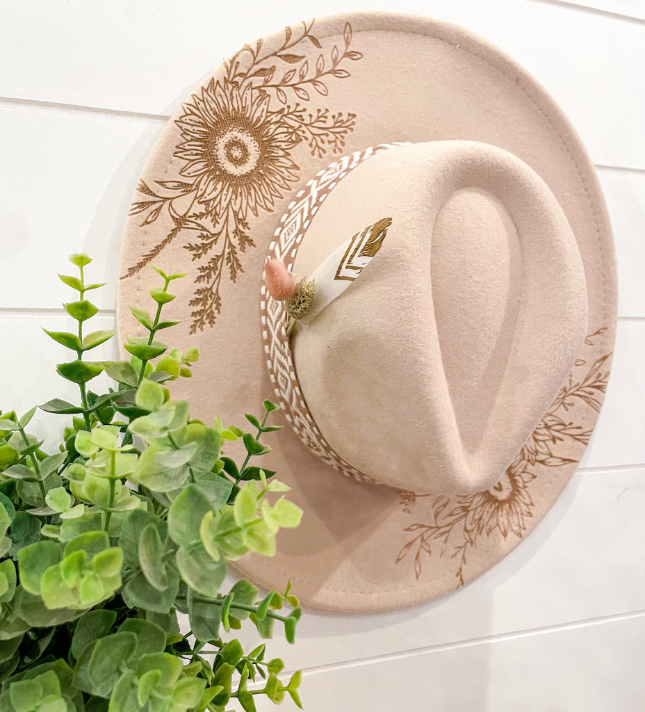 Engraved Floral Hat: Beige