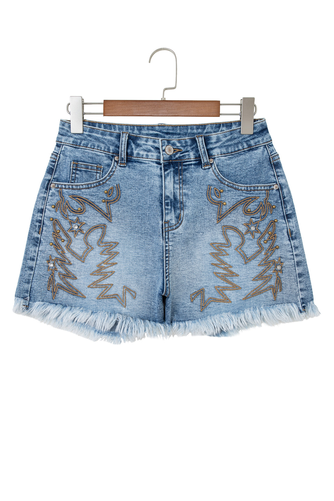 Dusk Blue Western Embroidery Stud Denim Shorts