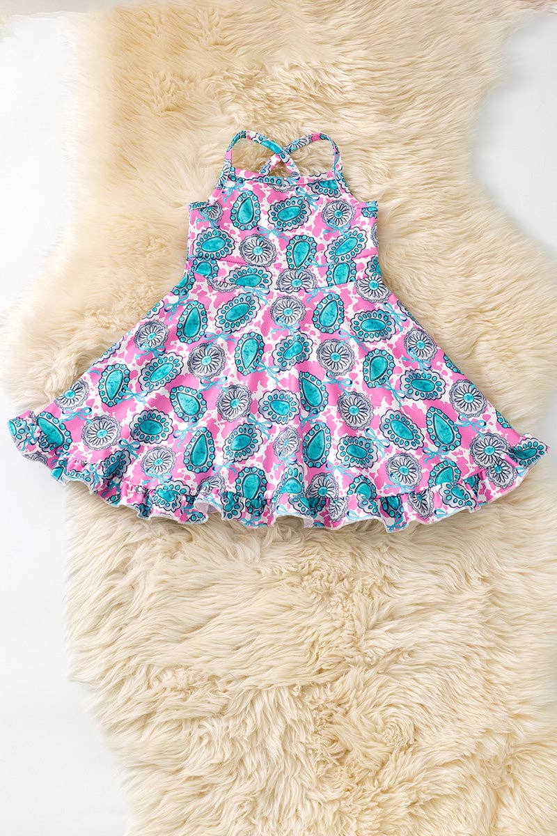Concho & pink cow printed ruffle hem twirl dress