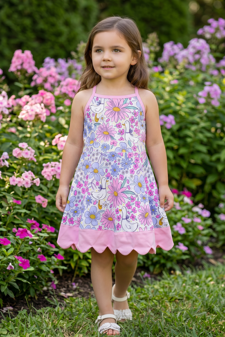 Seagull / floral printed girls dress with pink scallop hem
