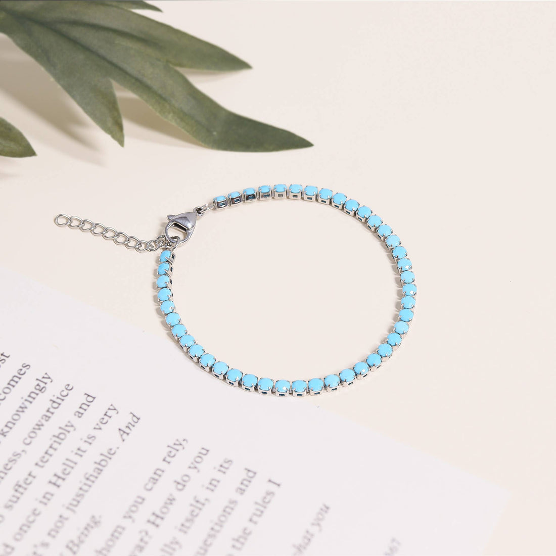 Stainless Steel Turquoise Rhinestone Tennis Chain Bracelet: 6.5"+1" / 3mm