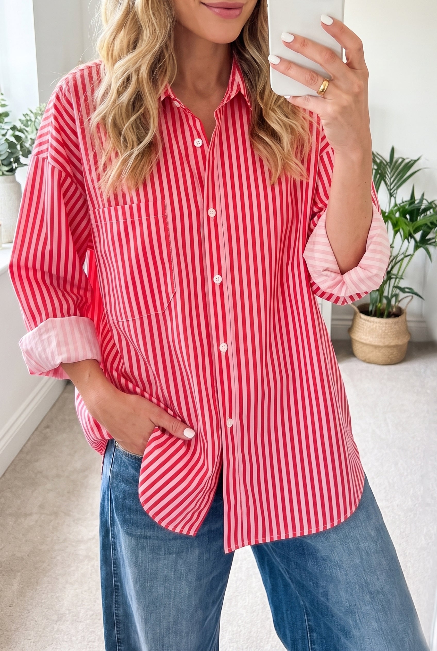 Red Stripe Button-Up Shirt Long Sleeve Patch Pocket Casual Shirt