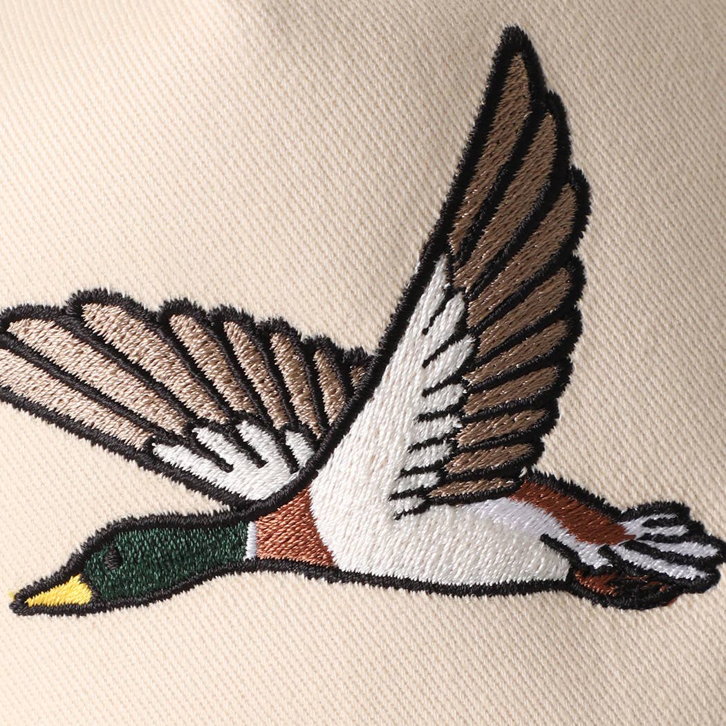 Flying Mallard Embroidered Camo Brim Trucker Hat: BEIGE