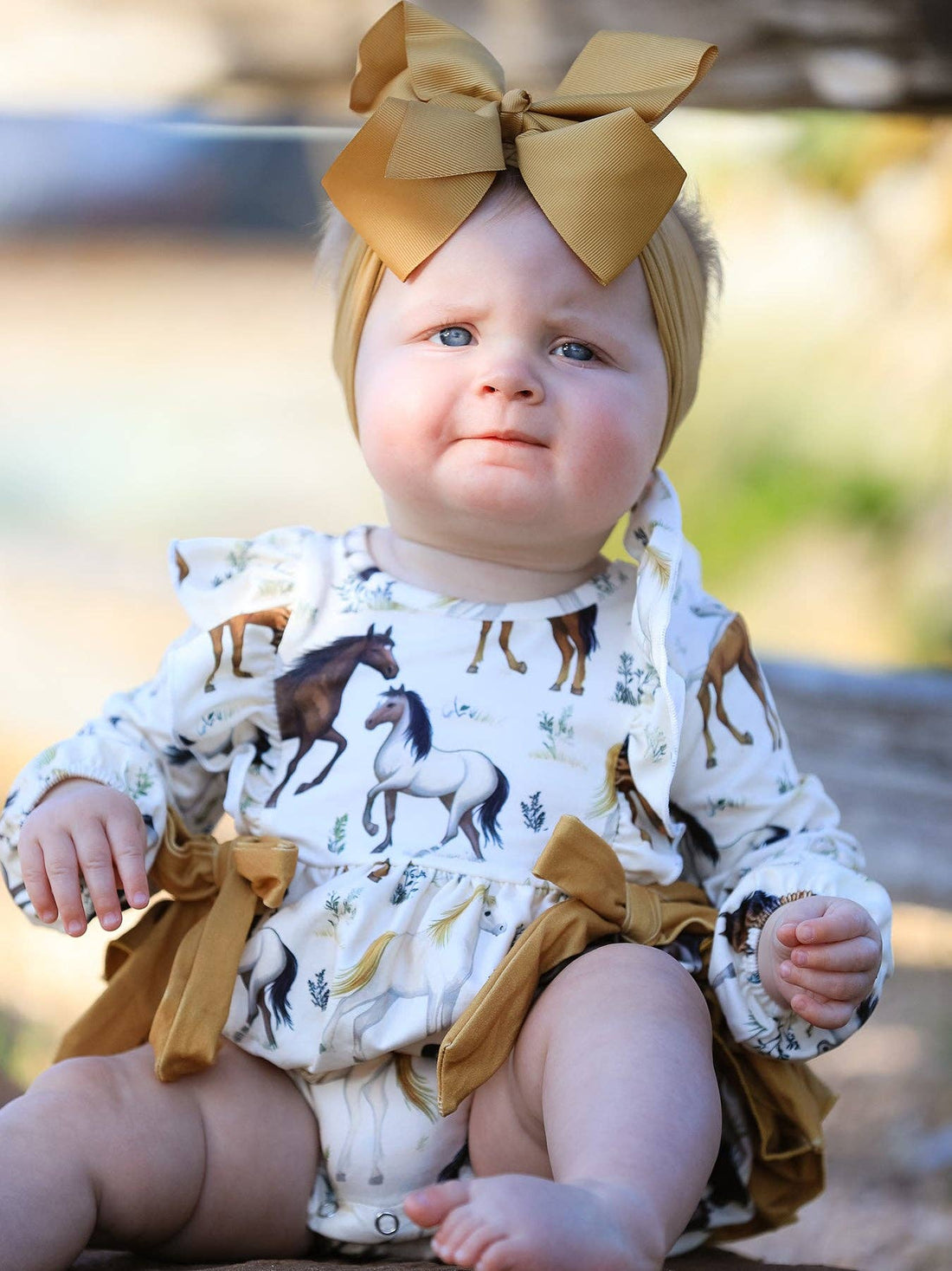 Western Horse Print Girls Long Sleeve Romper With Bow Ruffle