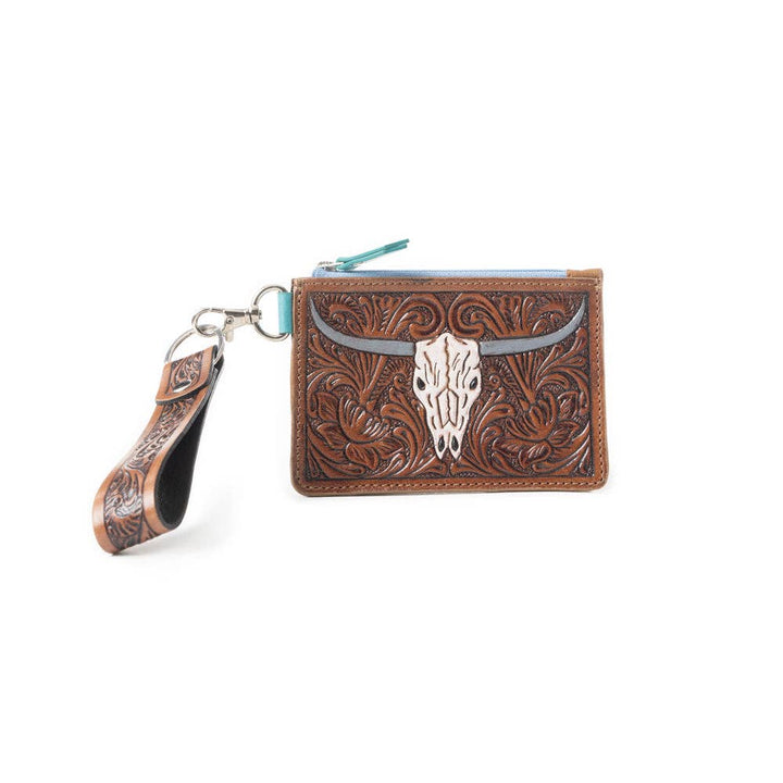 Dark Brown Tooled Leather Slim Card Holder With Cactus Design And ID Window