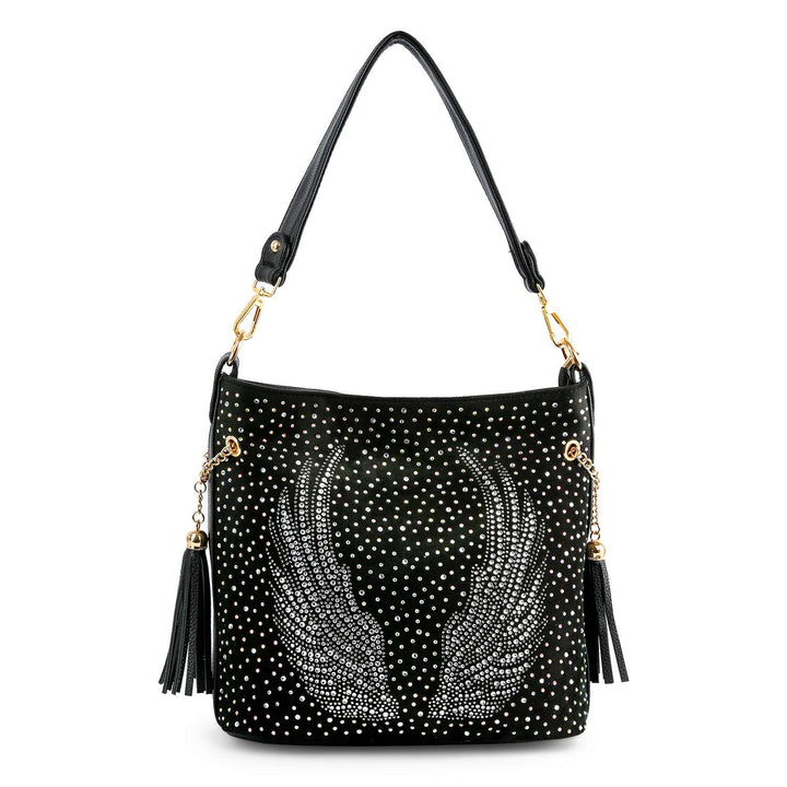 Wings Design Rhinestone Hobo Handbag: Black