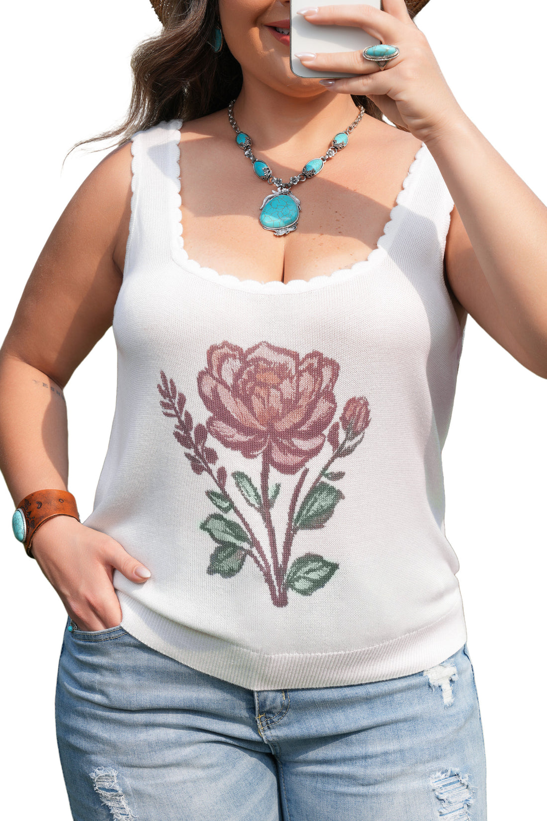 White Plus Size Floral Print Scalloped Trim Square Neck Tank