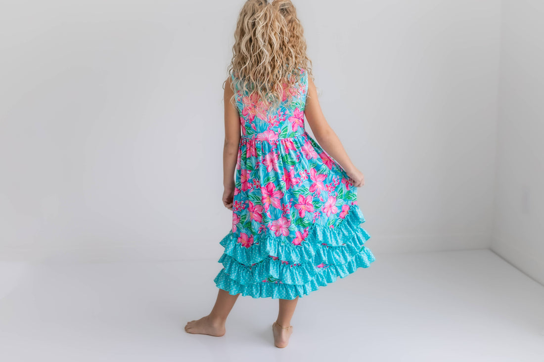 Kids Pink Blue Tropical Ruffle Dress