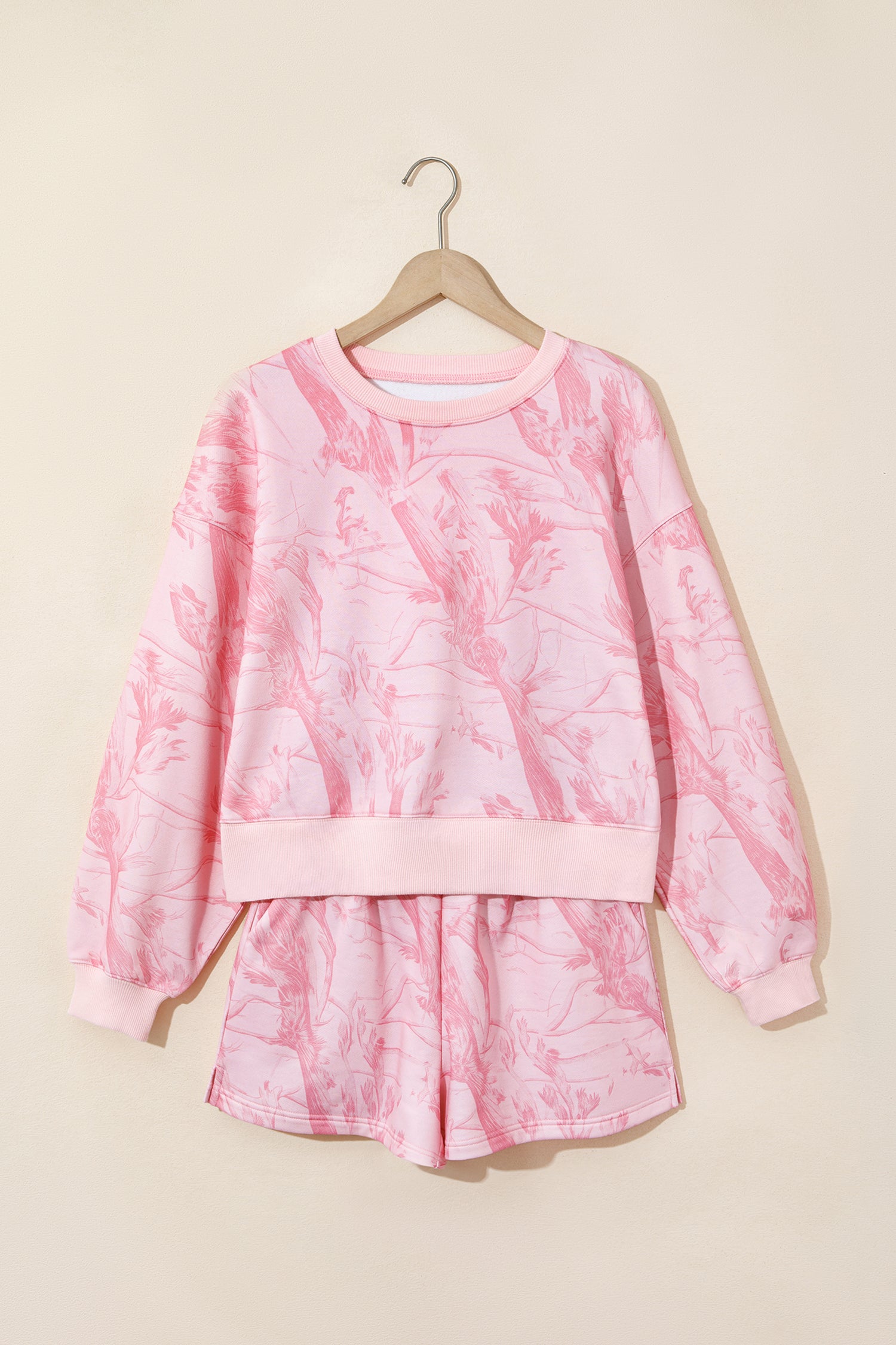 Pink Abstract Print Ribbed Crewneck Long Sleeve Top Elastic Waist Short Set