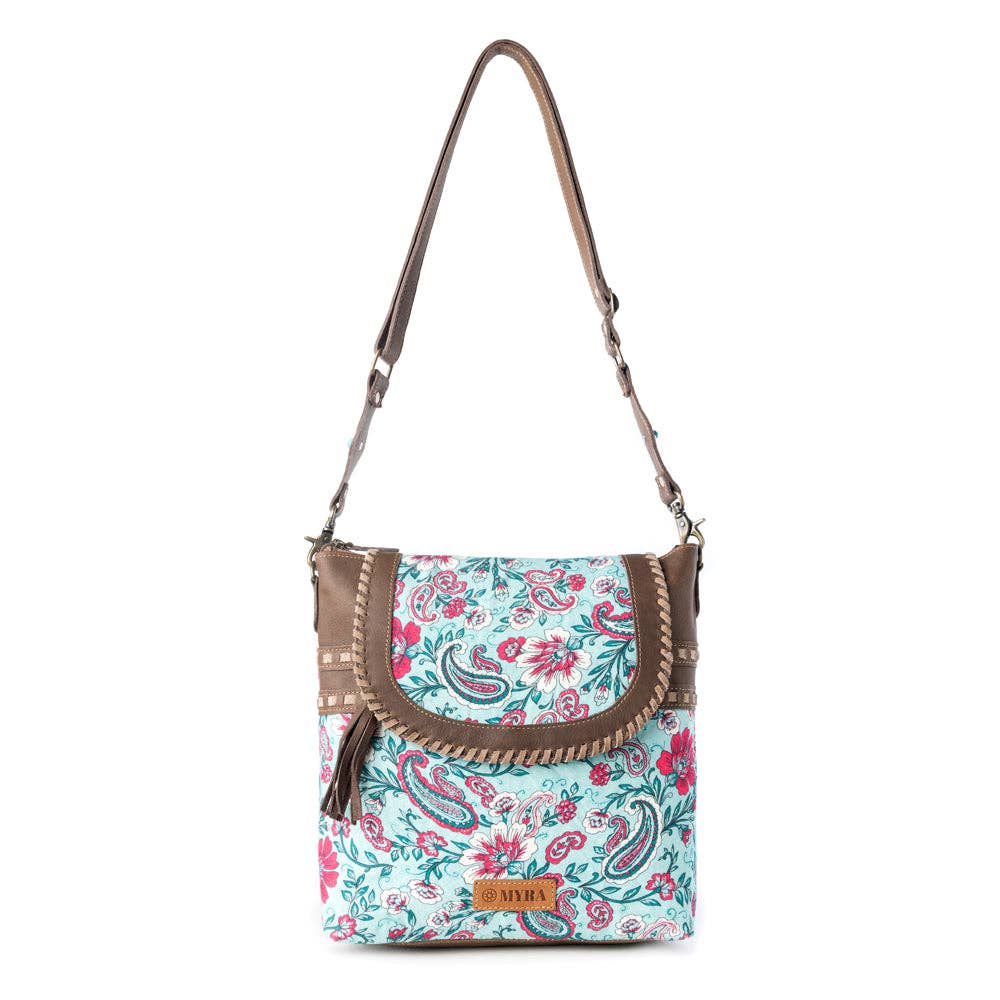 Myra Bag Lagoon Lily upcycled canvas Bag for Women in blue with leather and weaved flap