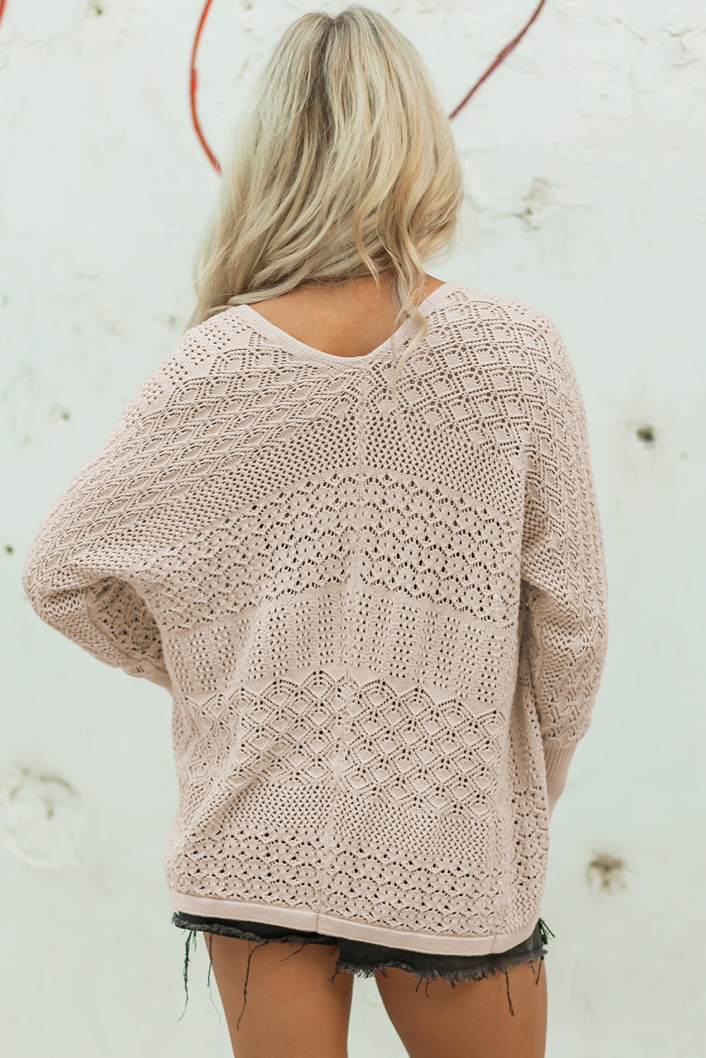 Redwood Burl Mix Pattern Hollowed Knit Open Front Cardigan