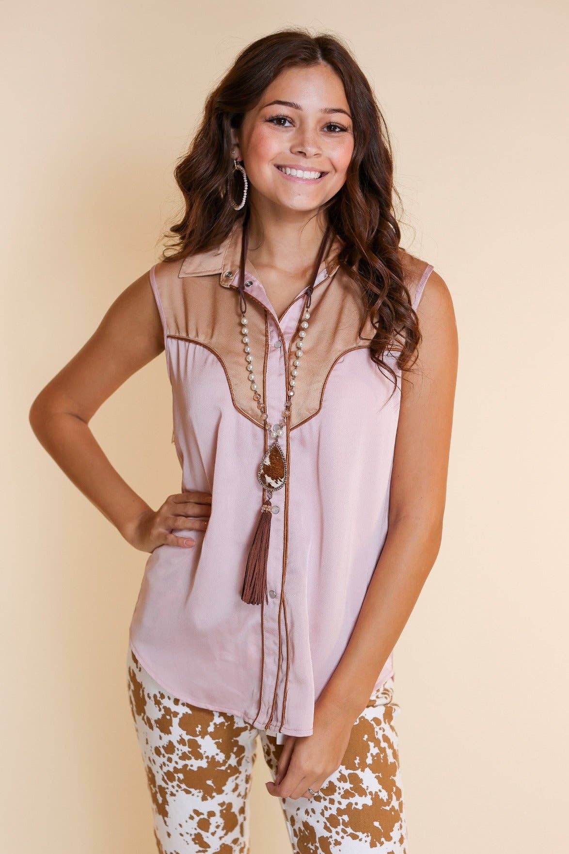 Sleeveless Satin Fringe Top