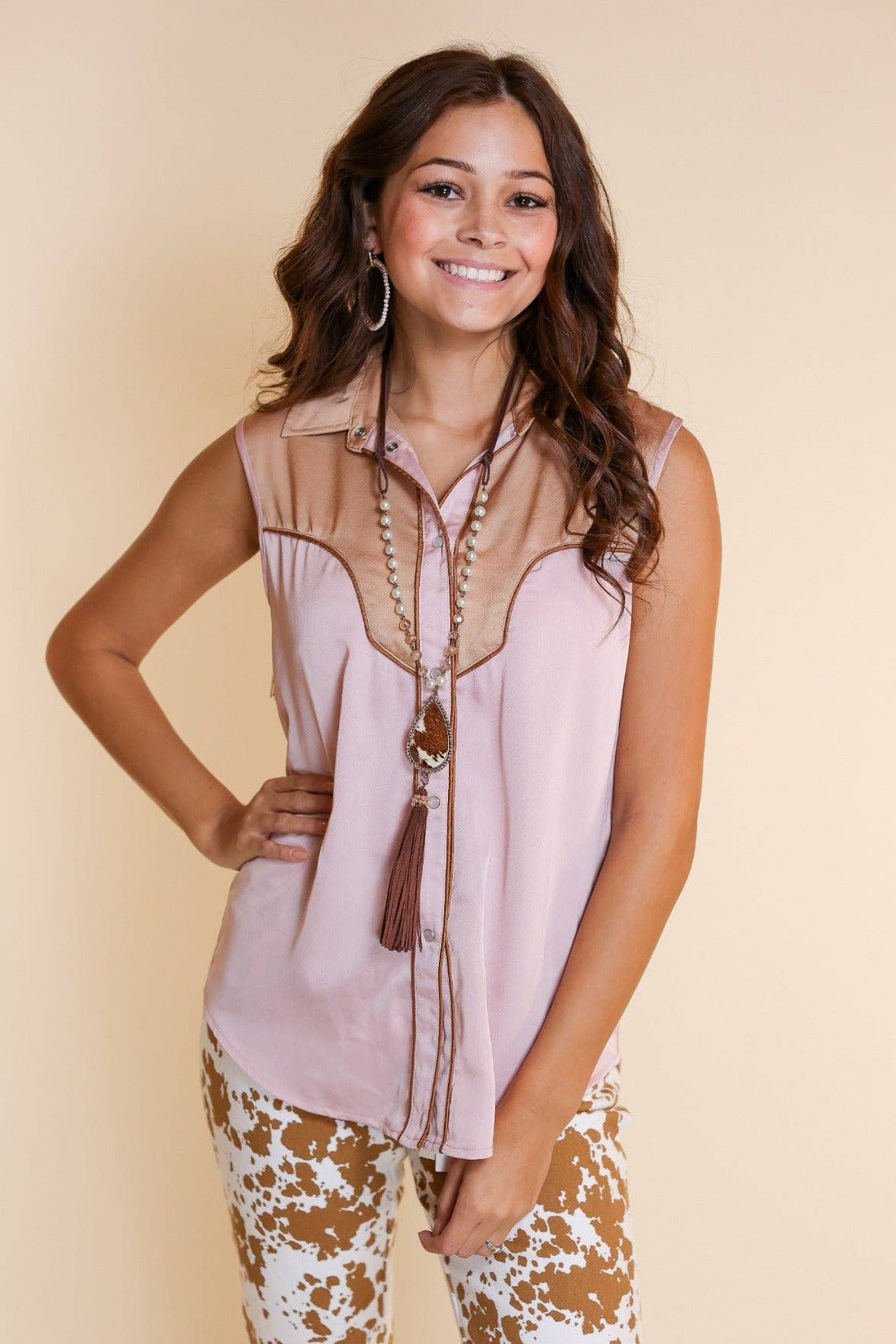 Sleeveless Satin Fringe Top