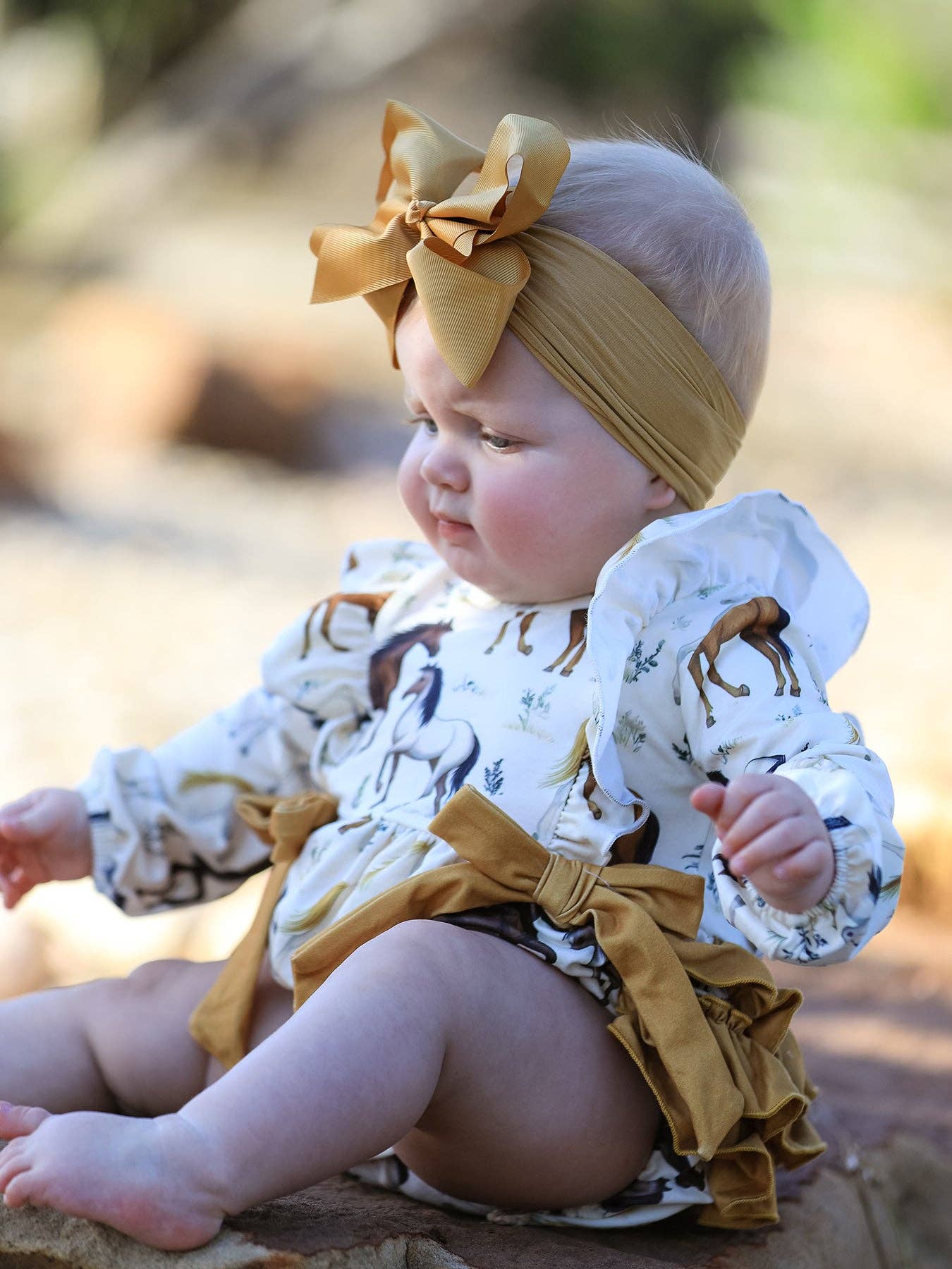 Western Horse Print Girls Long Sleeve Romper With Bow Ruffle