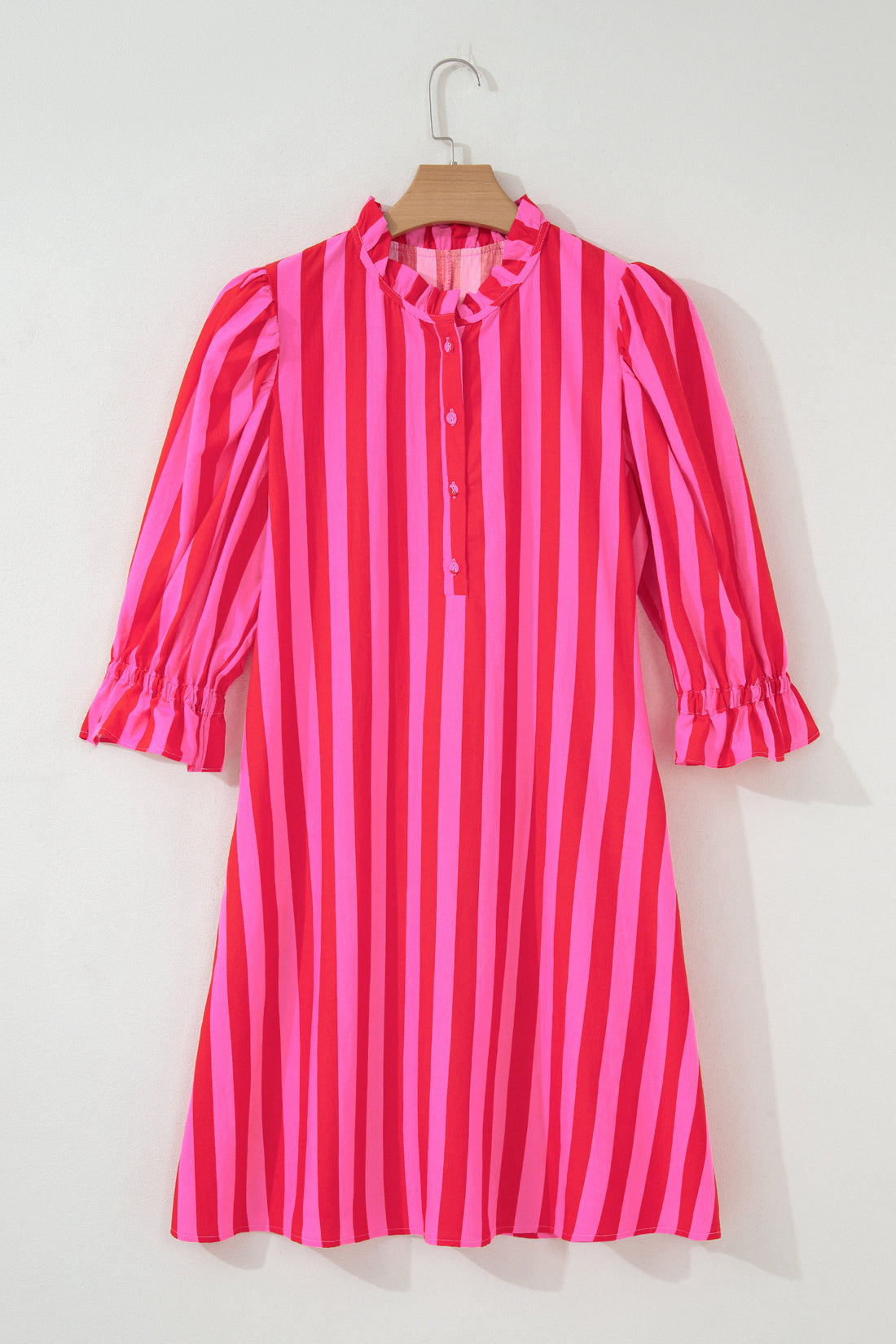 Rose Stripe Frilled Collar Button Neck Short Sleeve Curvy Mini Dress
