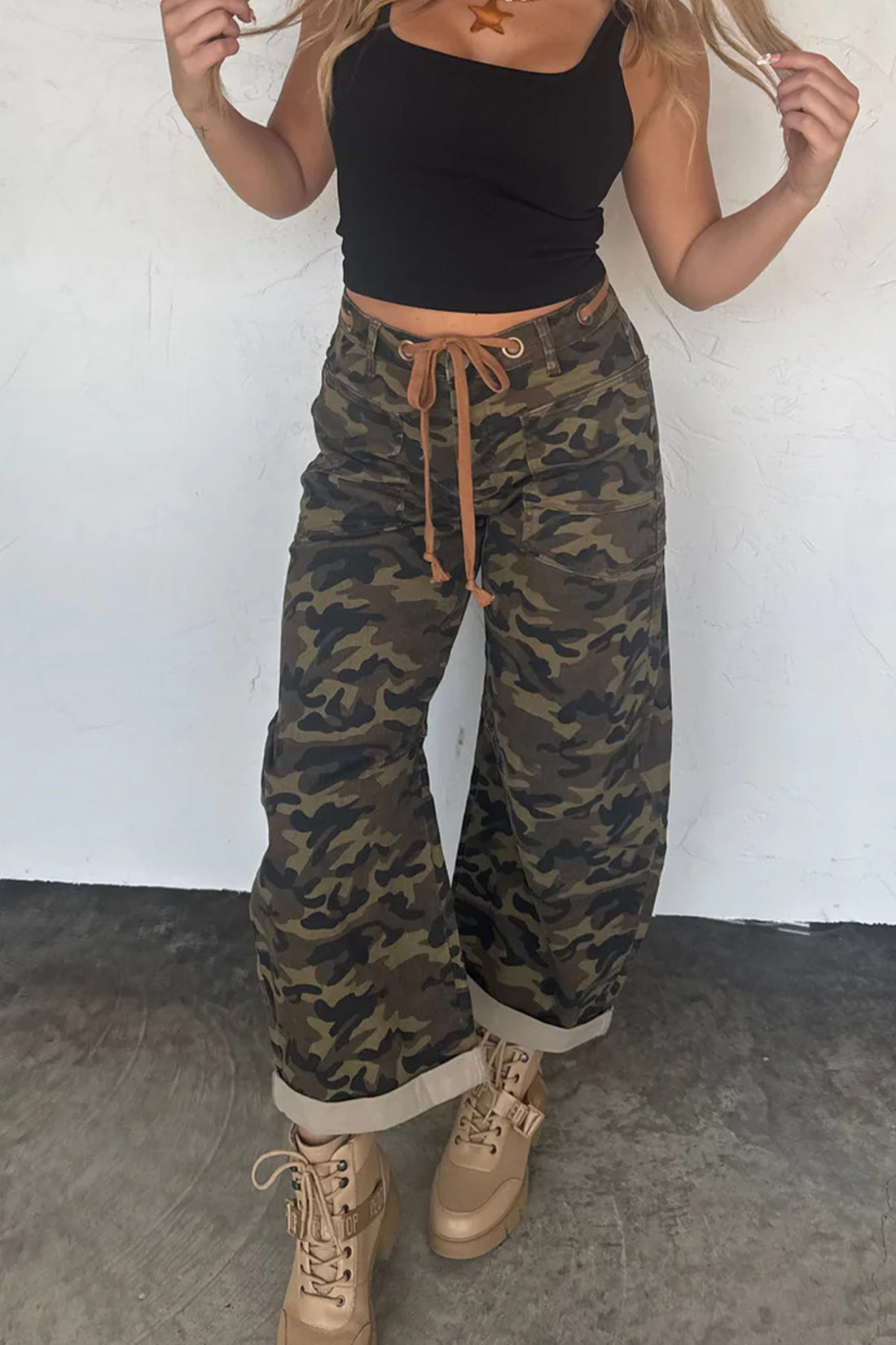 Multicolour Camouflage Print Retro Grommet Tie Waist Loose Jeans