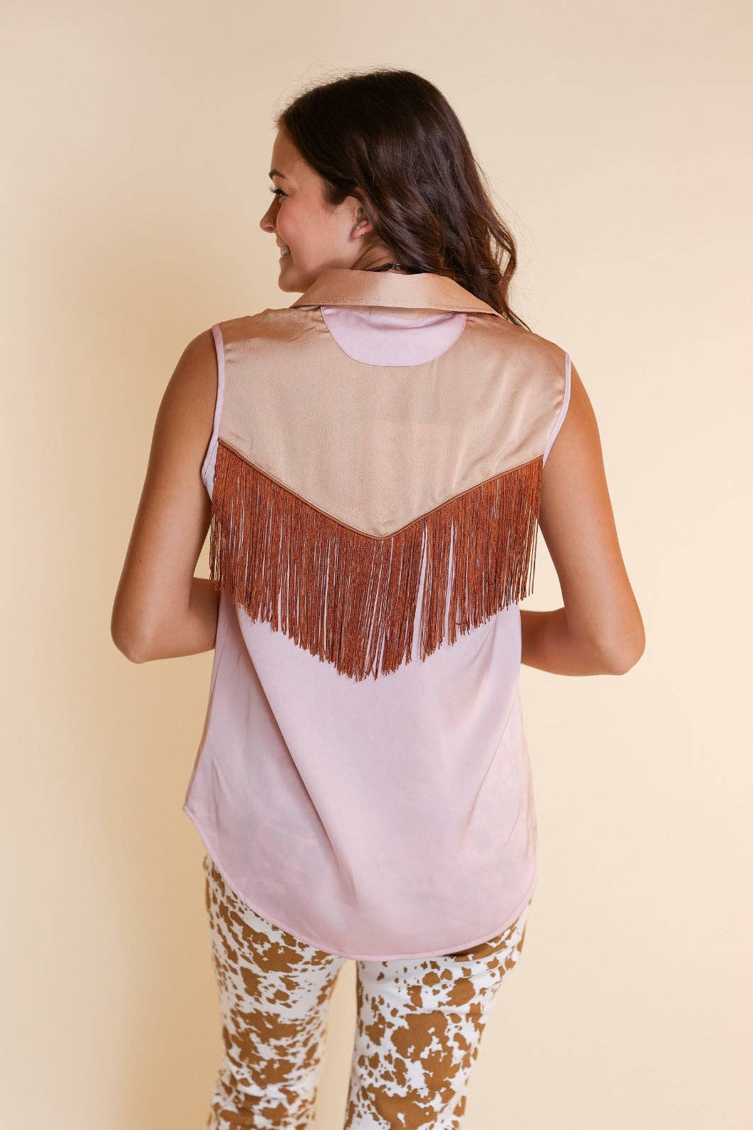 Sleeveless Satin Fringe Top