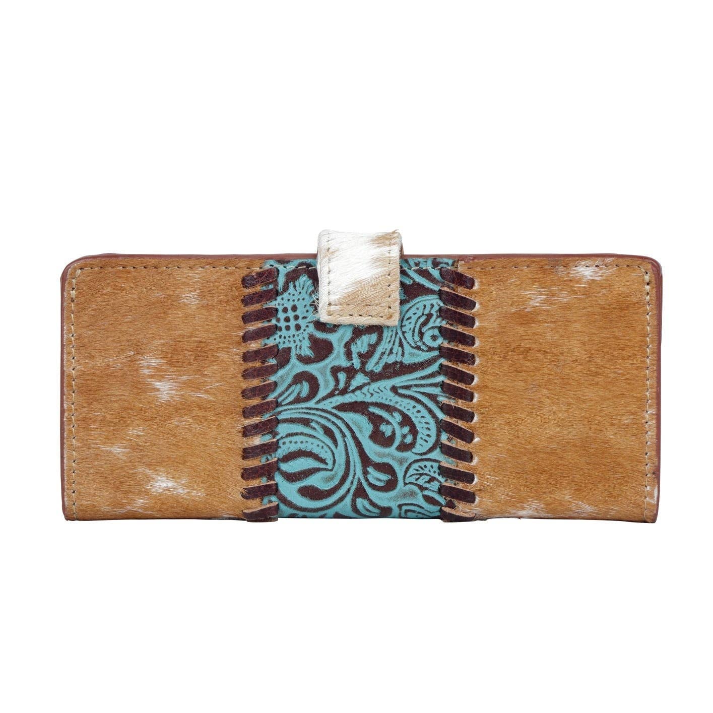 Boho Style Hybrid Leather Wallet With Vibrant Blue Center Design