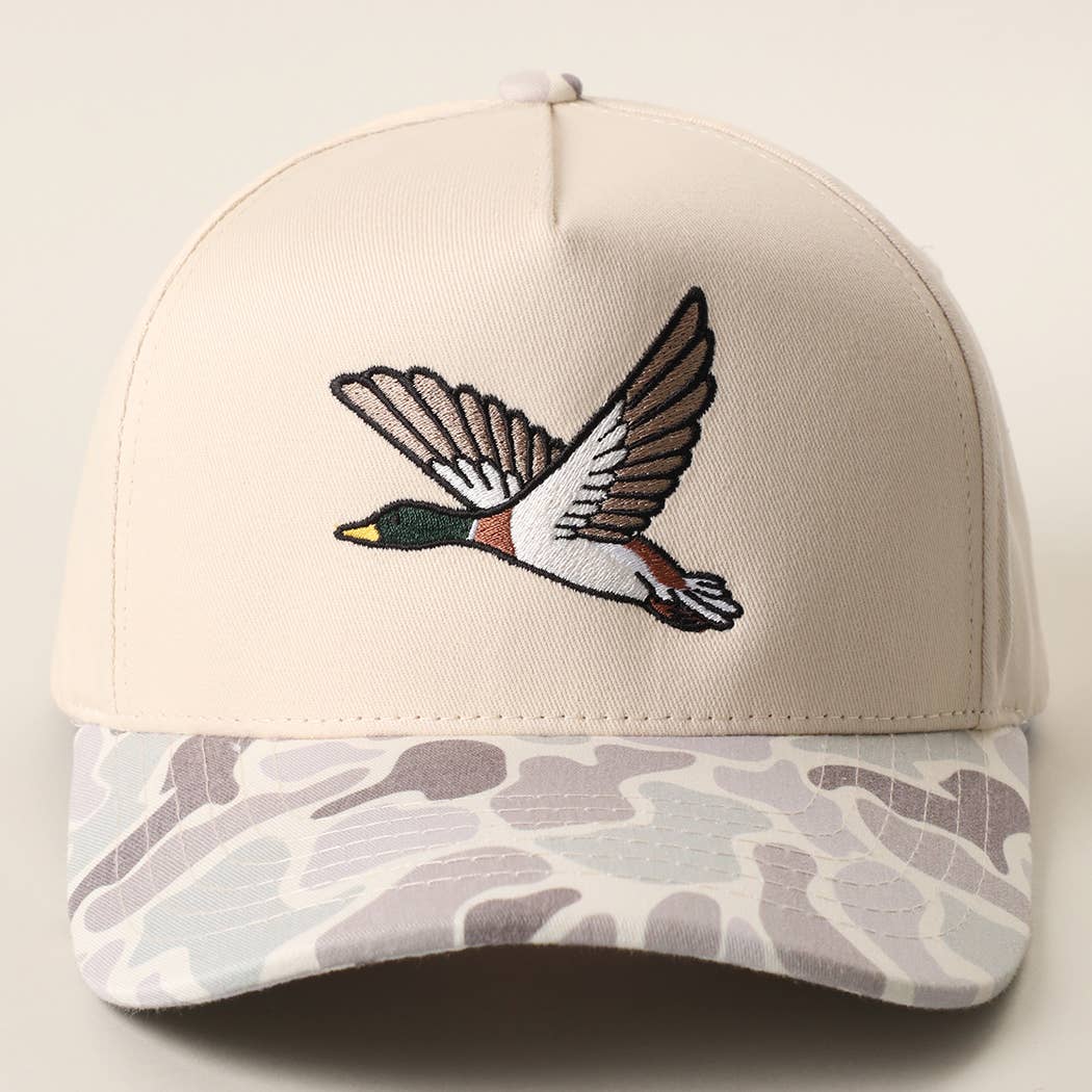 Flying Mallard Embroidered Camo Brim Trucker Hat: BEIGE