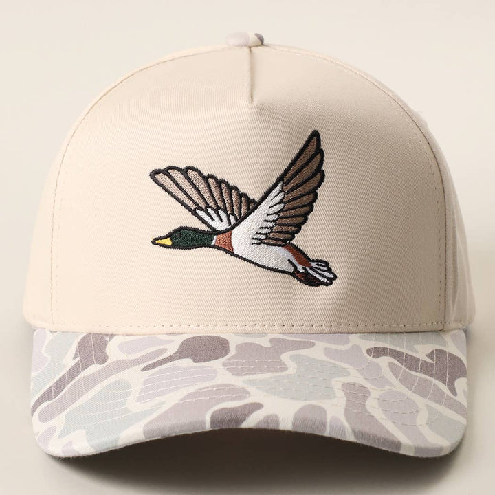 Flying Mallard Embroidered Camo Brim Trucker Hat: BEIGE