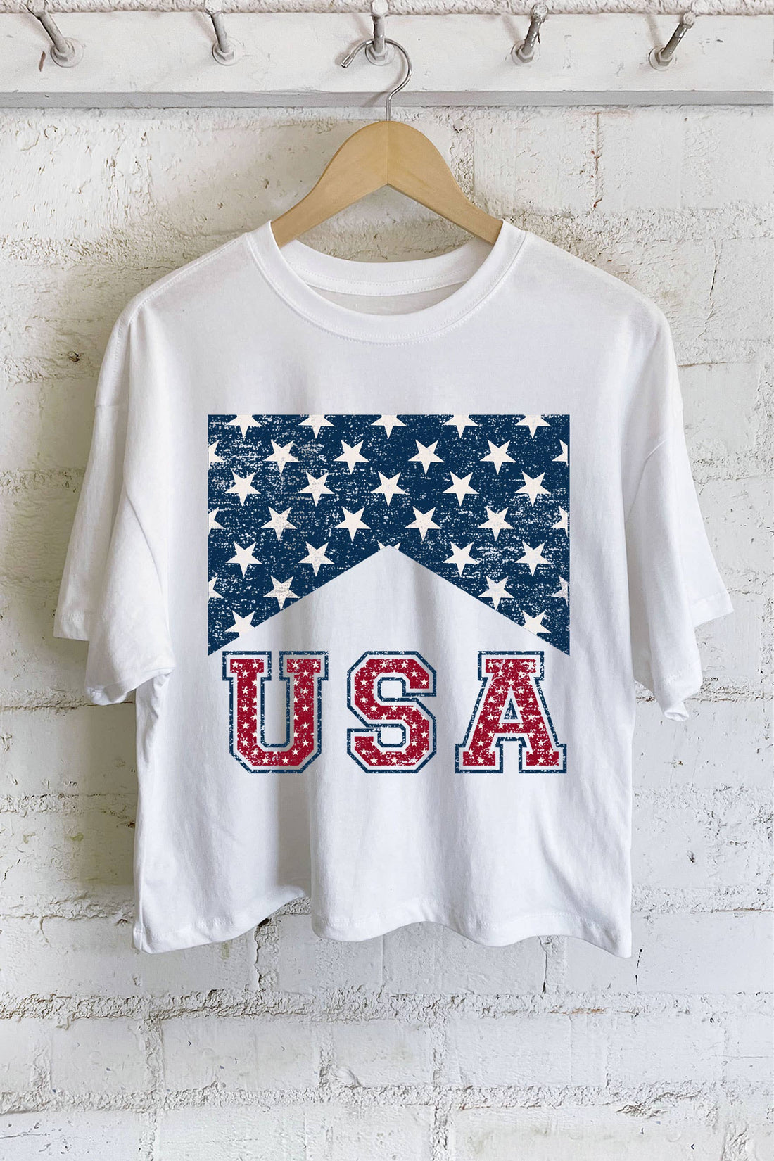 USA FLAG GRAPHIC LONG CROP TOP: White