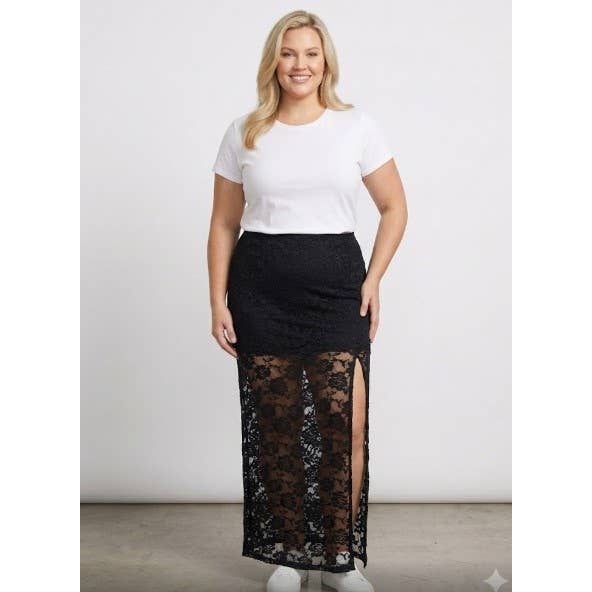 PLUS SIZE LACE LINED SIDE SLIT MAXI SKIRT