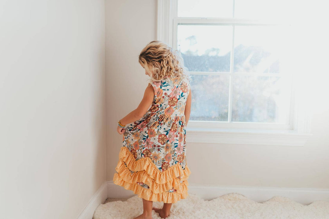 Kids Retro Butter Floral 3 Ruffle Dress