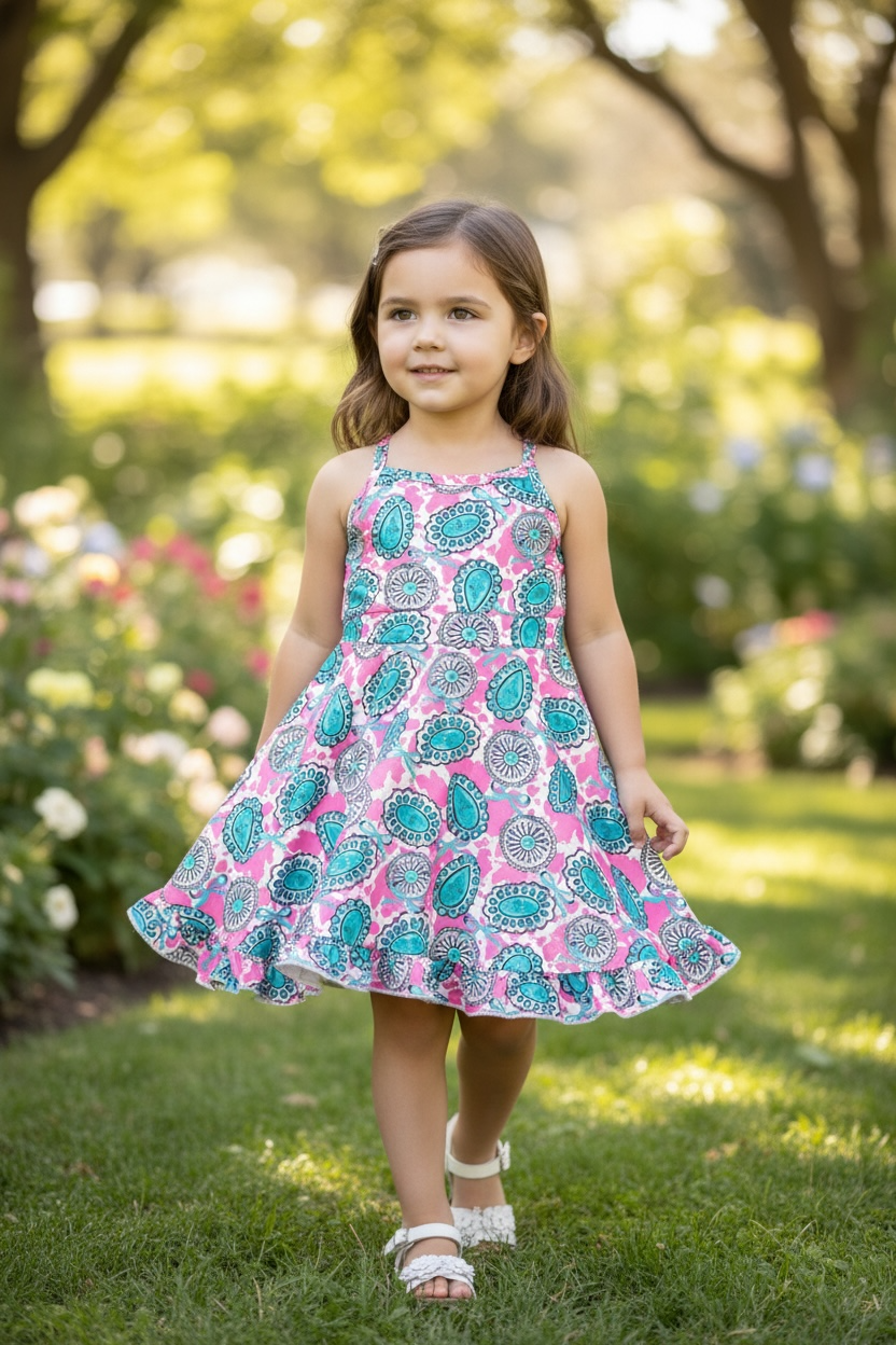 Concho & pink cow printed ruffle hem twirl dress