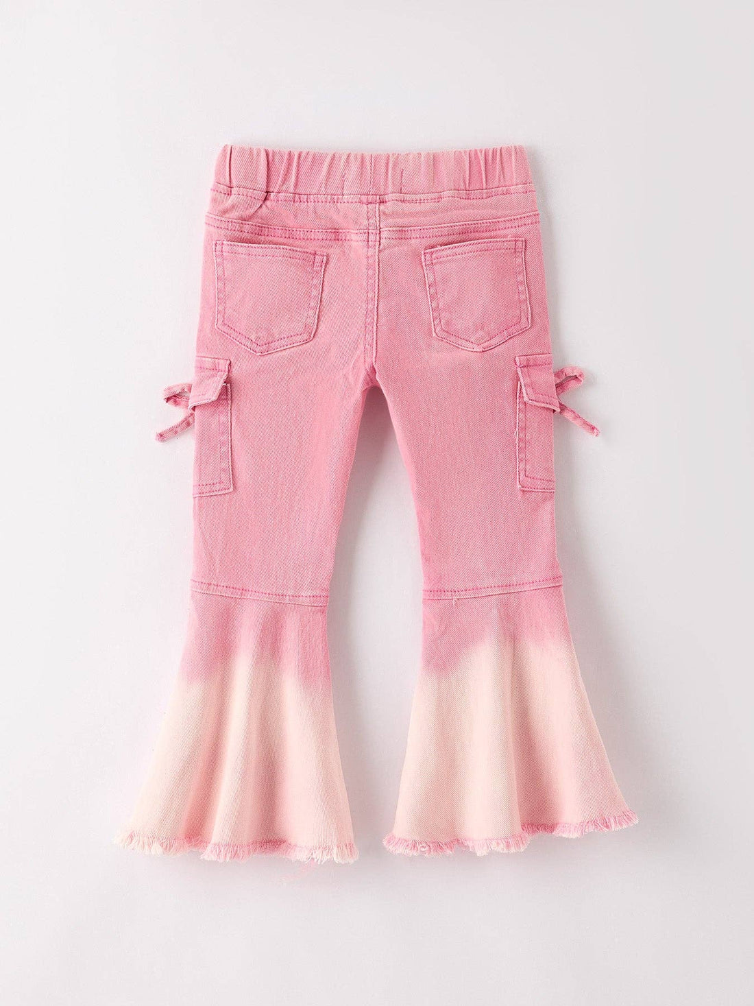 Pink Bell Bottom Jeans With Cargo Pockets And Frayed Hem Detail